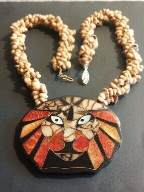 LEE SANDS TIGER CORAL APPLE CORAL INLAID LION NECKLACE 20" LONG